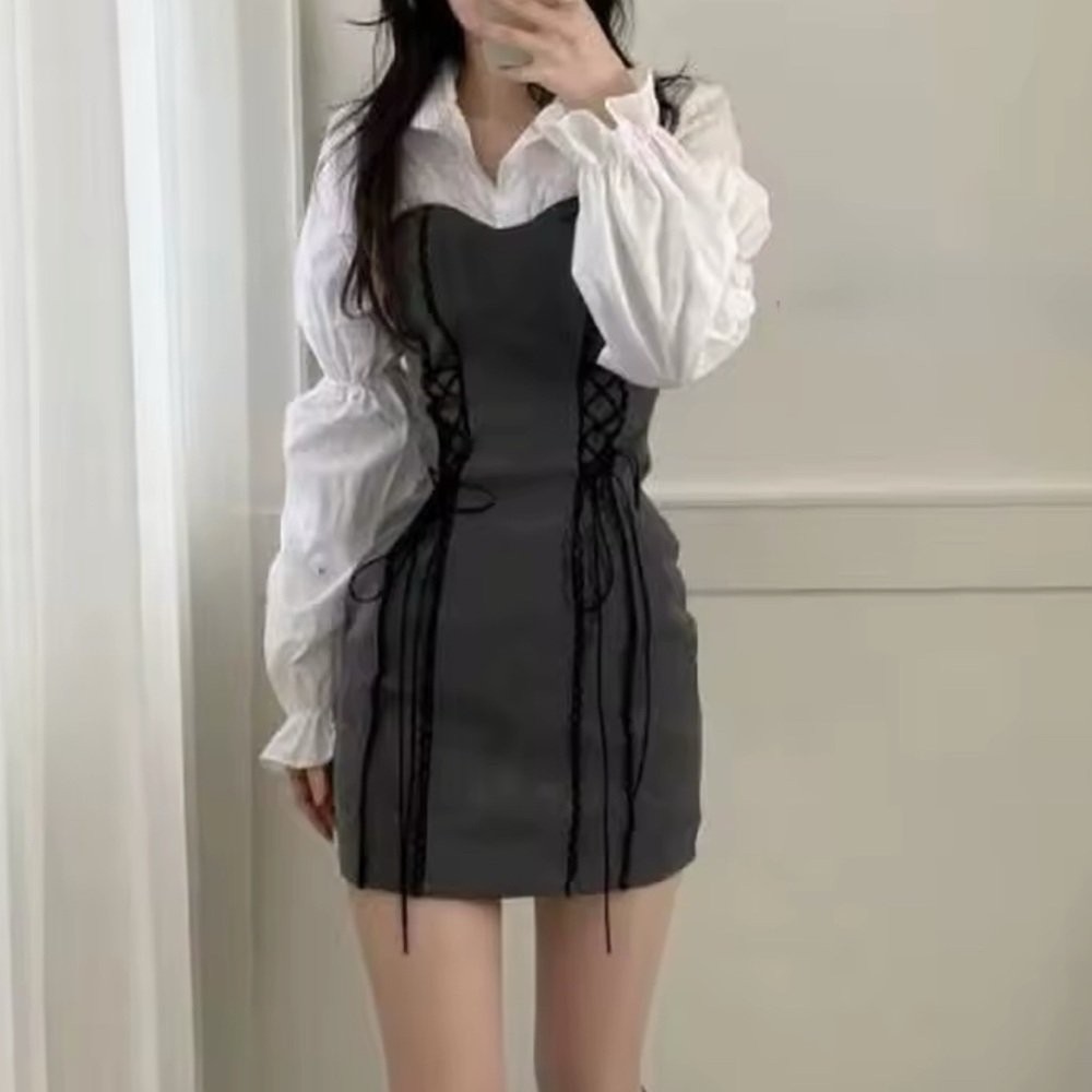 Gray Pleated Bustier Dress with Bishop Sleeves